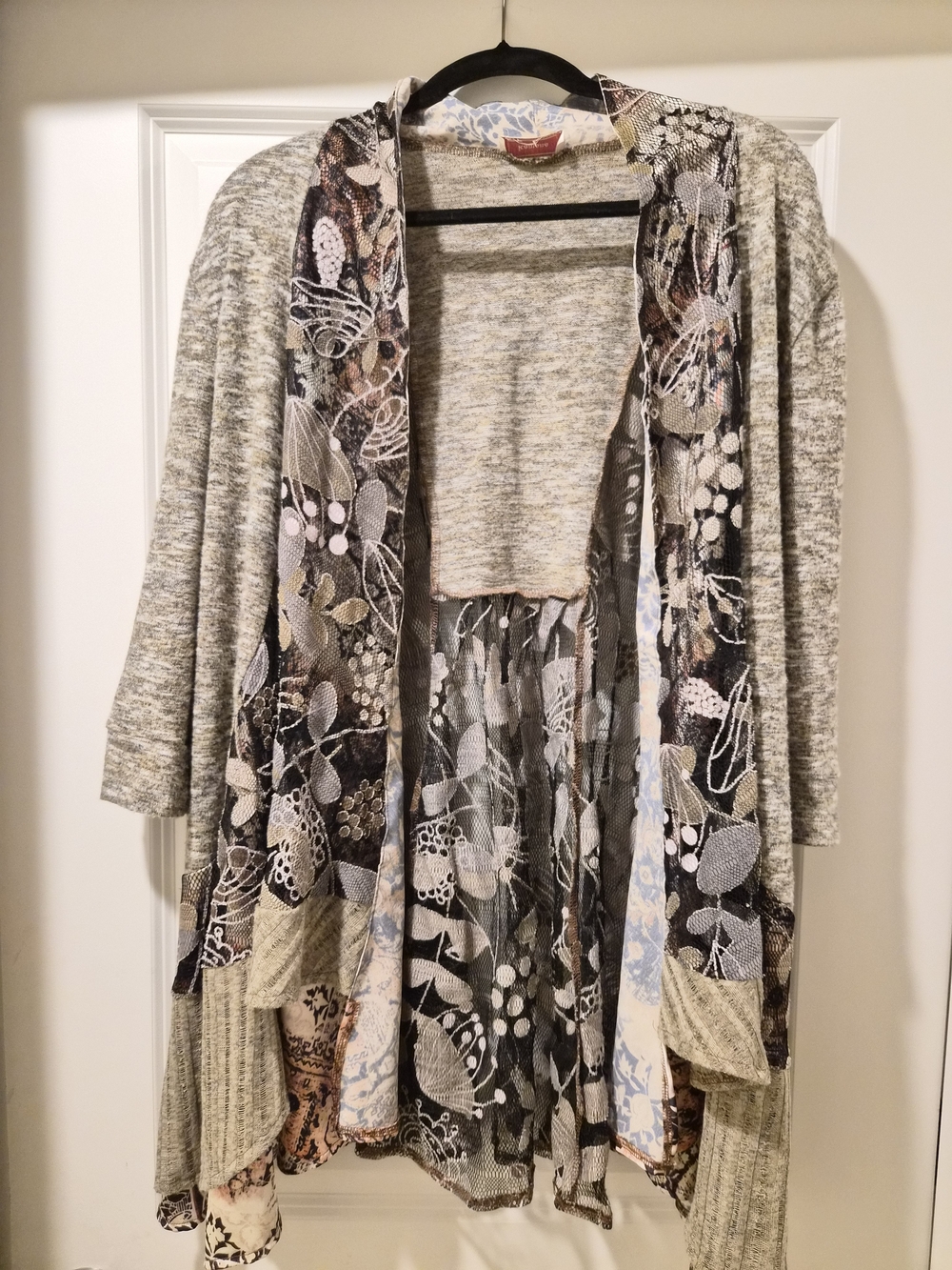 Light Gray Open-Front Mixed Print Cardigan With Sheer Panels